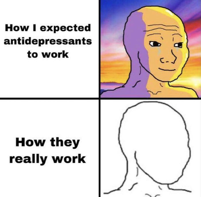 Meme showing expectations versus reality of antidepressants.