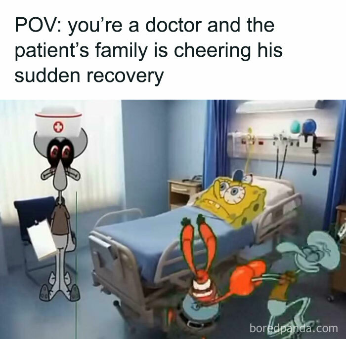 Characters in a hospital room, mimicking a situation of relief and surprise over a patient's unexpected recovery.