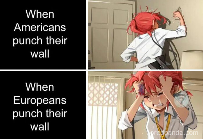Anime-style meme contrasting Americans and Europeans punching walls.