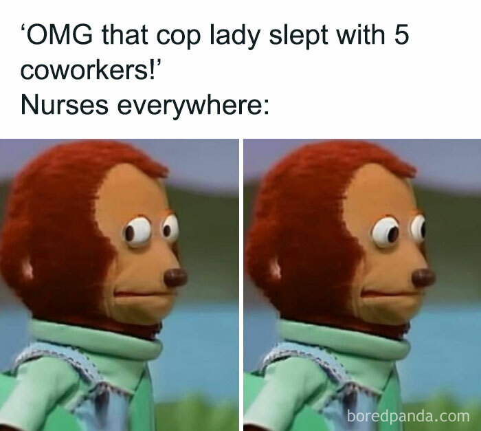 Meme with a surprised puppet looking sideways.