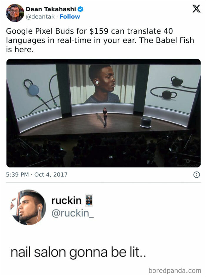 Explaining meme about Google Pixel Buds translating 40 languages, humorous response about nail salon excitement.