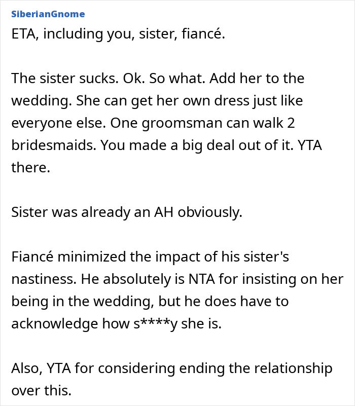 Text discussing a woman questioning her wedding due to her fianc&eacute; taking his bullying sister's side.