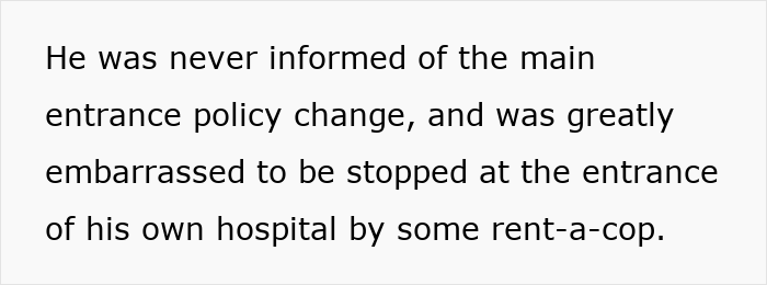 Text screenshot about policy change causing CEO embarrassment at hospital entrance.
