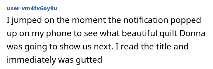 Text expressing shock over a YouTuber's passing, mentioning a quilt notification.