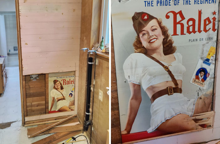 Old house artifact: vintage "Raleigh" advertisement discovered behind wall during renovation.