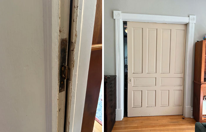 Antique door discovered in an old house, showcasing vintage craftsmanship and design.