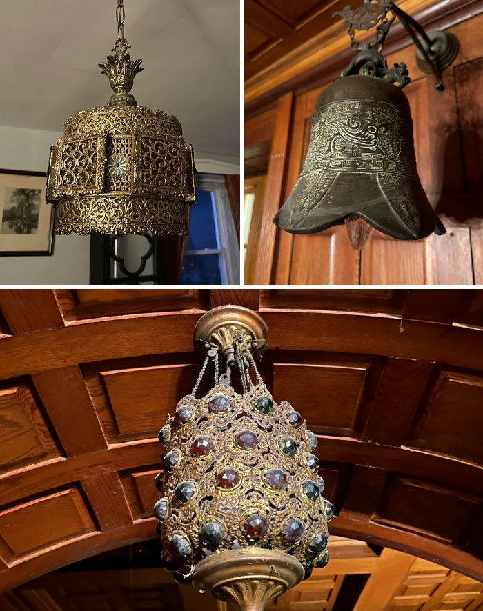 Ornate vintage lamps and bell found in an old house, showcasing interesting artifacts from the past.