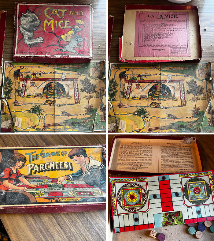 Vintage board games "Cat and Mice" and "The Game of Parcheesi" found in an old house.