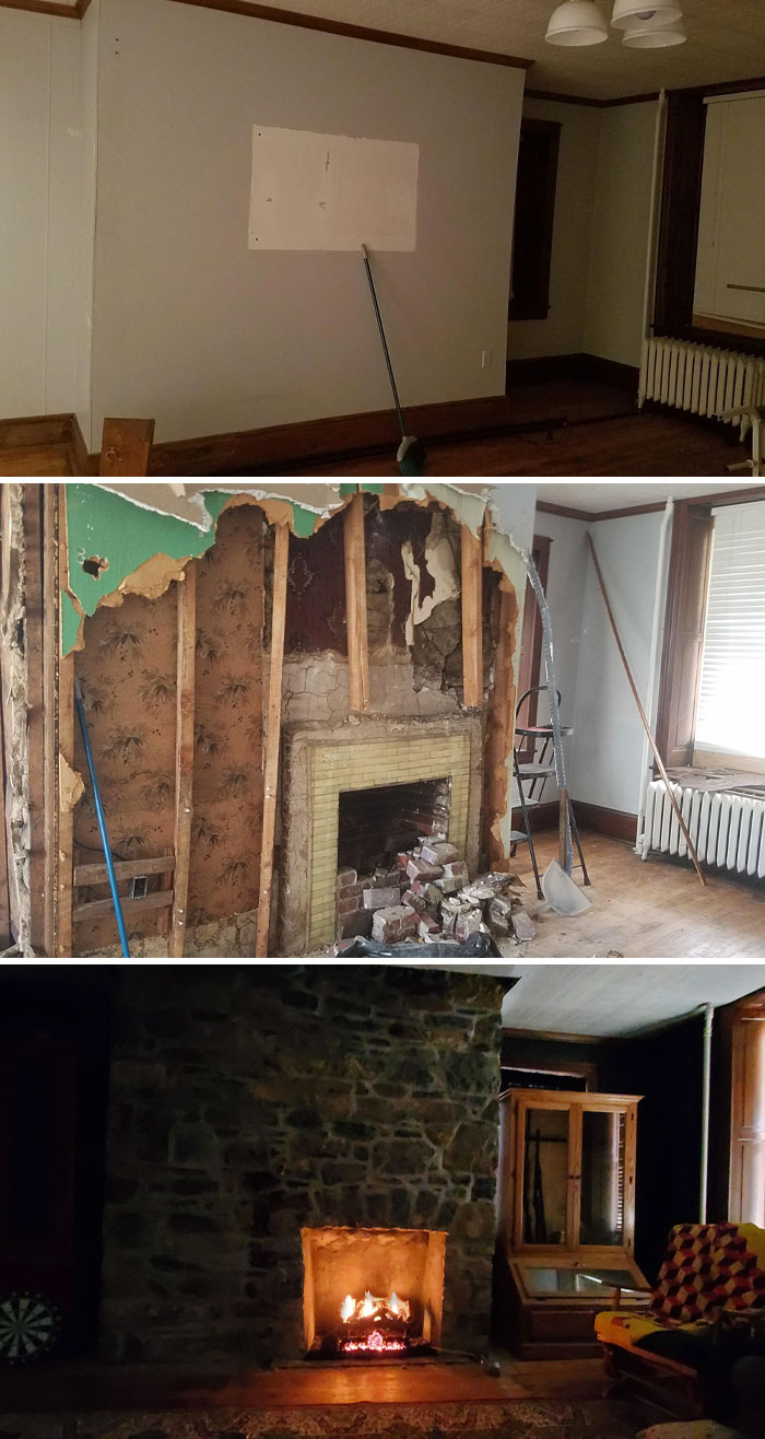 Hidden fireplace discovered in old house during renovation, an intriguing artifact from the past.