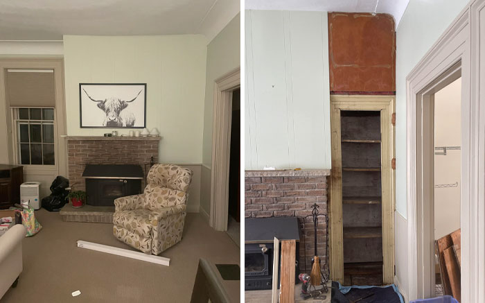 Hidden artifacts in old house reveal a secret shelf behind the fireplace, showcasing intriguing past discoveries.