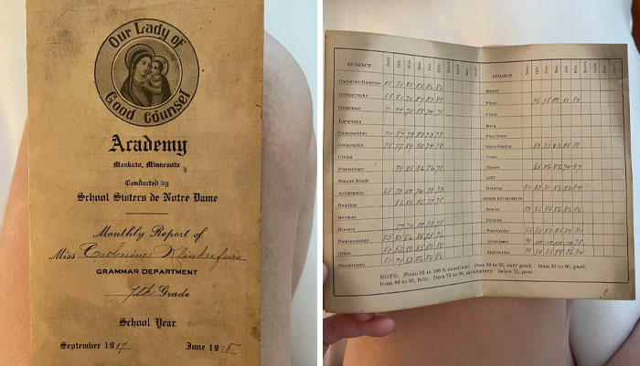 Old school report card from the past found in an old house, featuring grades and details from Our Lady of Good Counsel Academy.