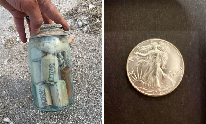 Old artifacts found in a house: a jar with rolled coins and a vintage silver coin on display.