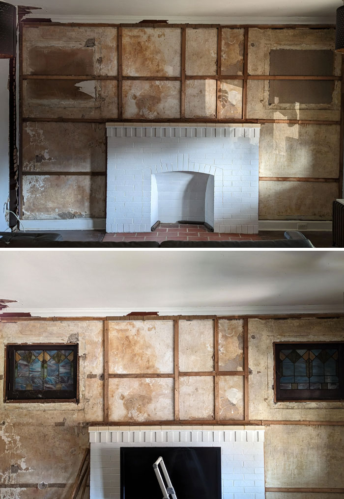 Old house reveals vintage stained glass windows above a white fireplace.