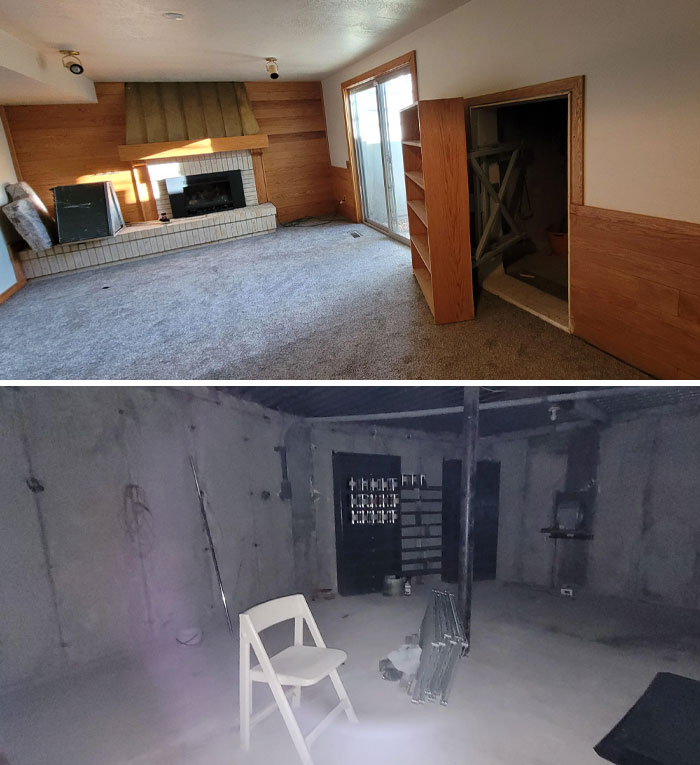 Hidden basement room and mysterious artifacts found in an old house.