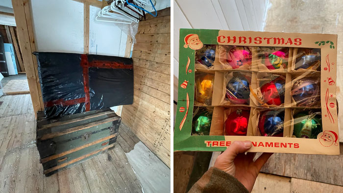Artifacts found in old house: vintage chests and a box of colorful Christmas ornaments.
