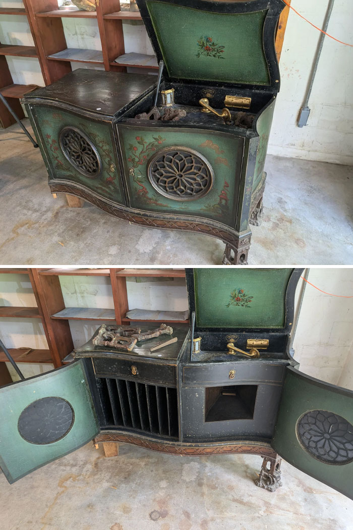 Antique phonograph and cabinet with ornate designs found in an old house, showcasing historical artifacts.
