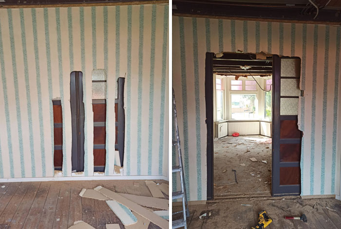 Old house renovation reveals covered door hidden behind striped wallpaper.