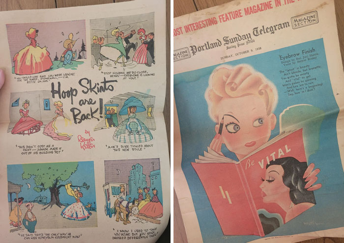 Old newspaper comic "Hoop Skirts Are Back" and vintage Portland Sunday Telegram magazine cover.