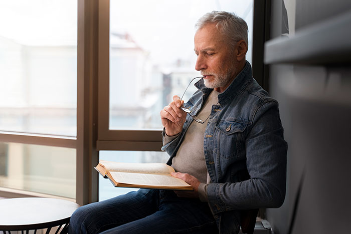 A man with gray hair wearing a denim jacket reads a book by the window.