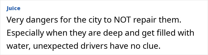 Text expressing concerns about unrepaired potholes, mentioning danger to drivers, related to a local hero's prank.