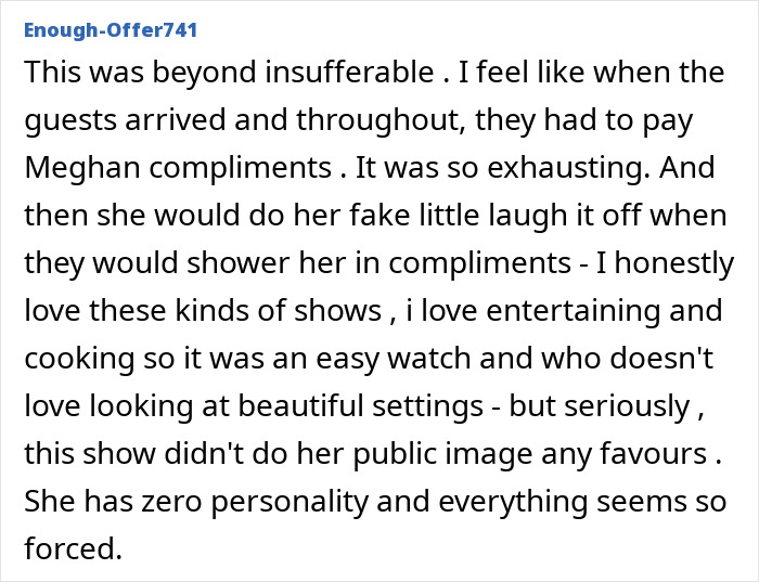 Text critique of Meghan Markle's show, describing it as insufferable and forced. Text critique of Meghan Markle's show, describing it as insufferable and forced.