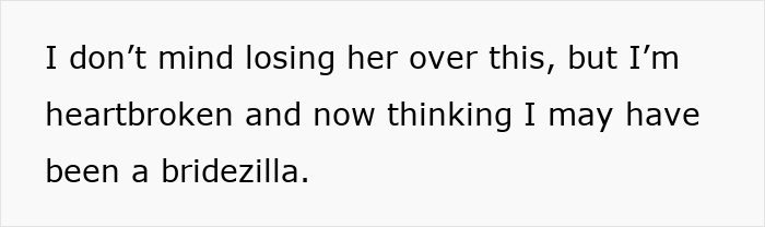Text about losing a friend at a wedding, feeling heartbroken and questioning if being a bridezilla.