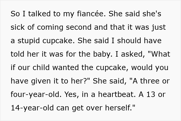 Text discussing a woman's feelings about a cupcake and her response to prioritizing her own needs while pregnant. Text discussing a woman's feelings about a cupcake and her response to prioritizing her own needs while pregnant.