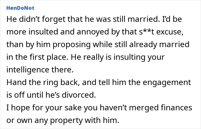 Text message condemning fianc&eacute;'s excuse for being married, suggesting engagement pause until divorce.