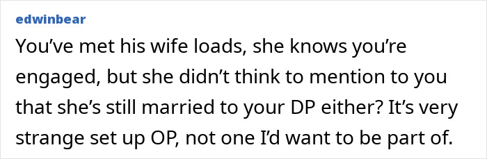 Text from a user discussing a fianc&eacute; still being married, expressing disbelief and concern over the situation.