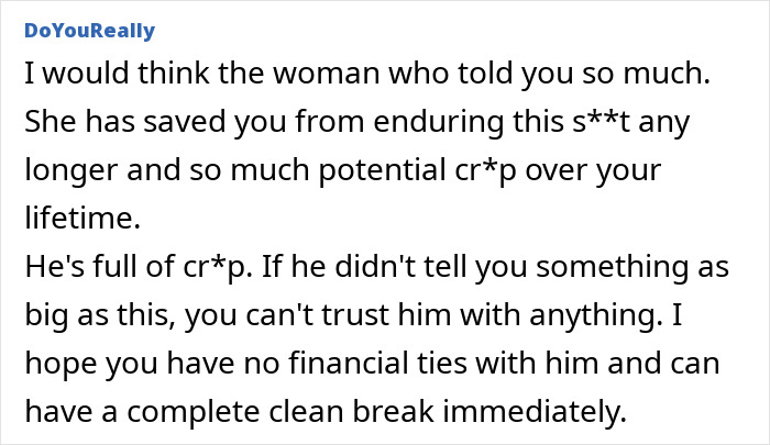 Comment discussing a woman's fianc&eacute; still being married, highlighting trust issues and advice for a clean break.