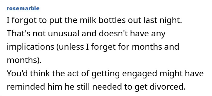 Text exchange about a fianc&eacute; forgetting to divorce his wife, humorously compared to forgetting other tasks.