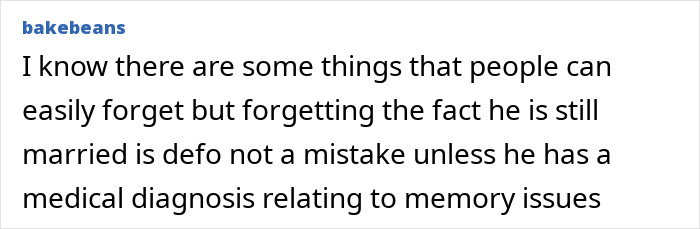Text commentary on a fianc&eacute; forgetting he's still married, humorously questioning memory issues.