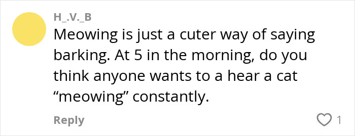 Comment discussing cat meowing early in the morning, related to flight attendant and pet parent situation. Comment discussing cat meowing early in the morning, related to flight attendant and pet parent situation.