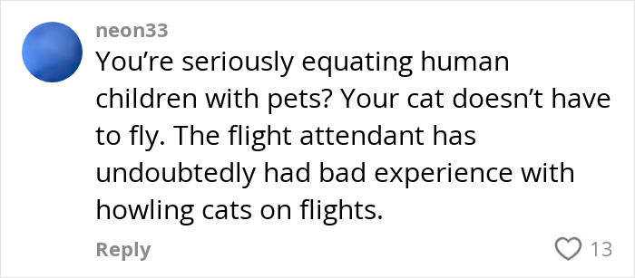Comment discussing flight attendant's bad experience with noisy cats on flights. Comment discussing flight attendant's bad experience with noisy cats on flights.