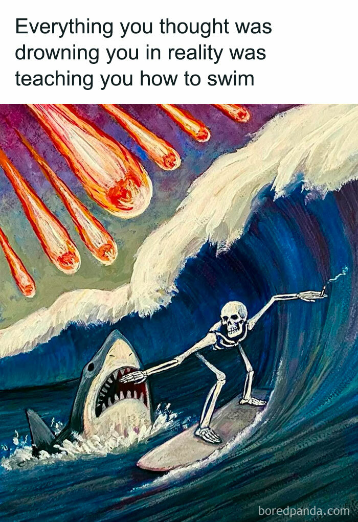Skeleton surfing a giant wave with a shark in pursuit, illustrating a mental health meme about overcoming challenges.
