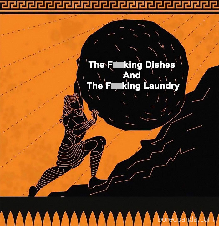 Ancient figure pushing labeled boulder up a hill, symbolizing mental health struggles with dishes and laundry.