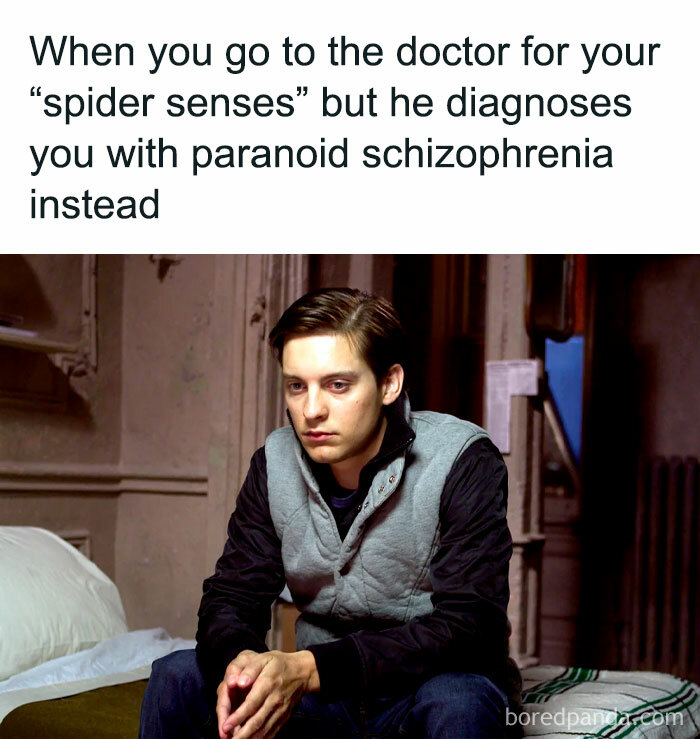 Person sitting on a bed looking concerned, with text joking about mental health diagnosis and "spider senses."
