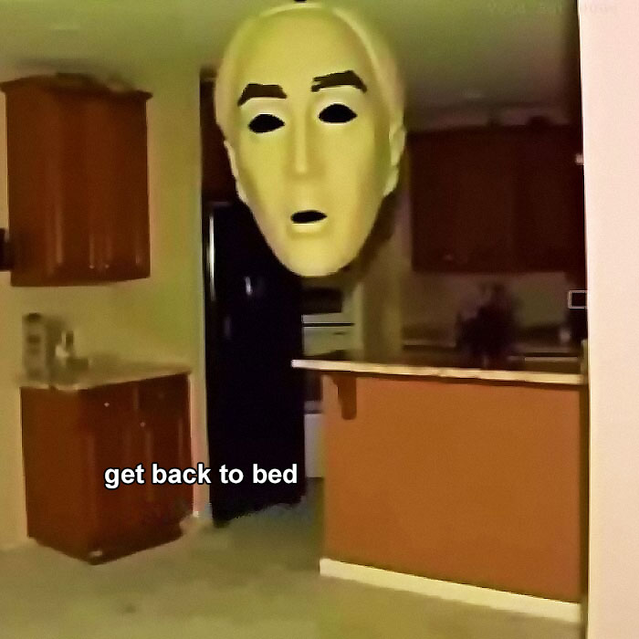 A floating face in a dim kitchen with text "get back to bed," humorously depicting mental health struggles.