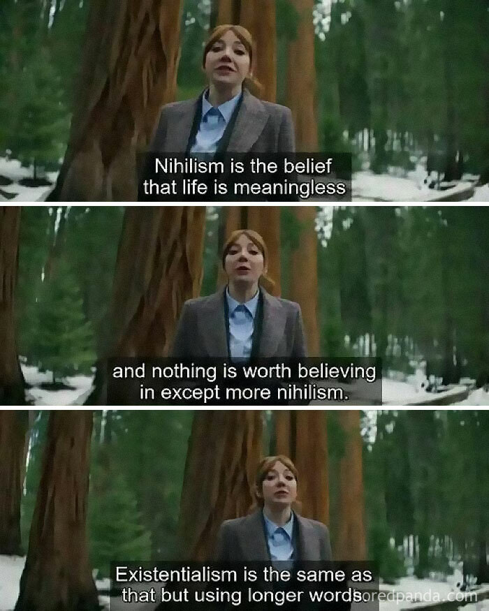 A person discusses nihilism and existentialism in a forest, reflecting on mental health through humor.