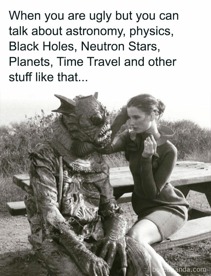 A woman sits with a creature, humorously illustrating a mental health meme about intellect over appearance.