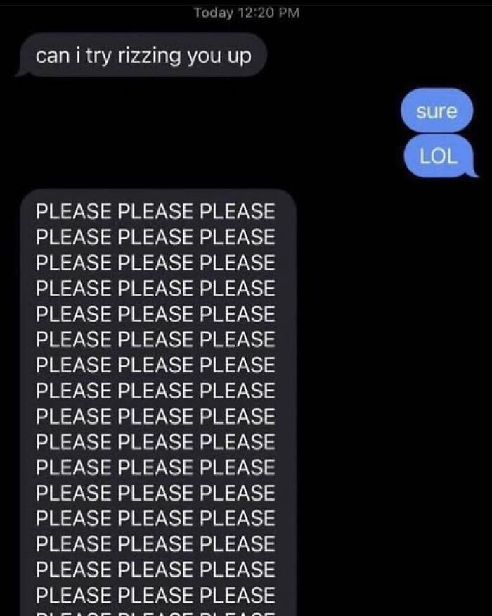 Text conversation meme with repeated "please" messages, showcasing mental health humor.
