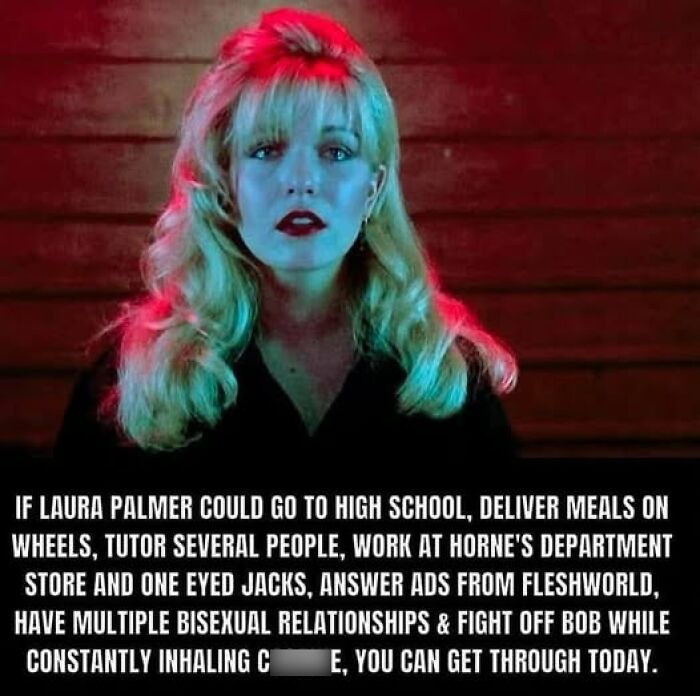 Blond woman with red and blue lighting, text about enduring challenges, highlighting mental health resilience.