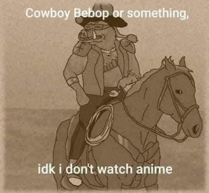 A cartoon character resembling a cowboy on a horse with quirky text, related to mental health memes.