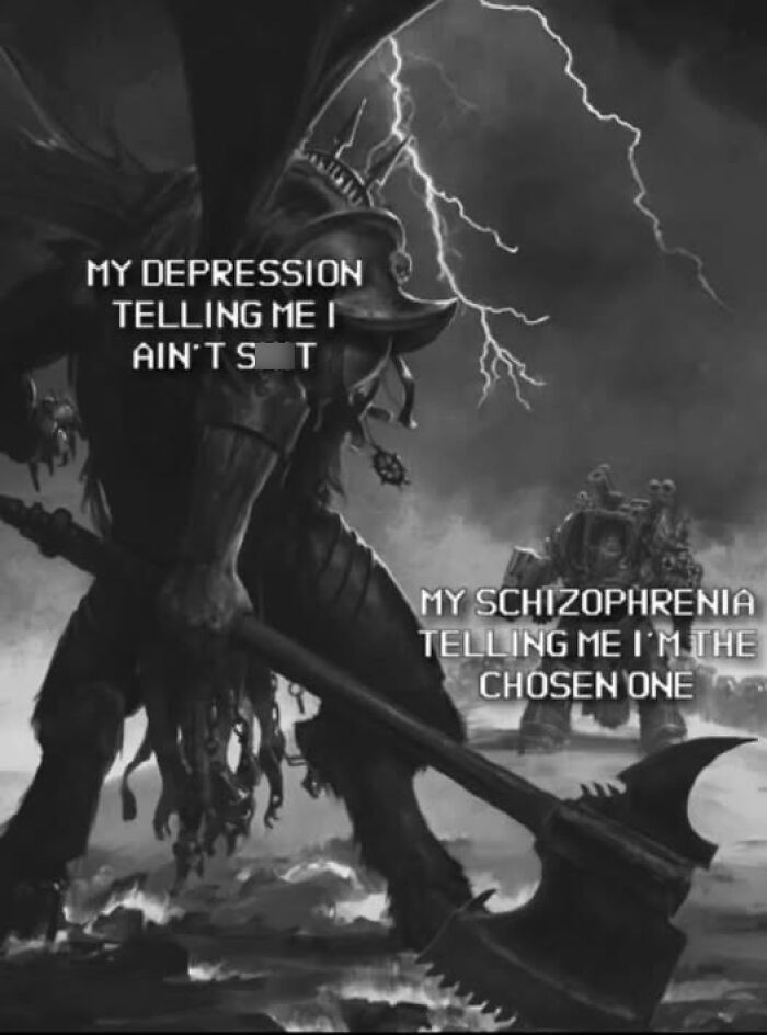 A dark warrior with text about depression and schizophrenia, illustrating relatable mental health memes.