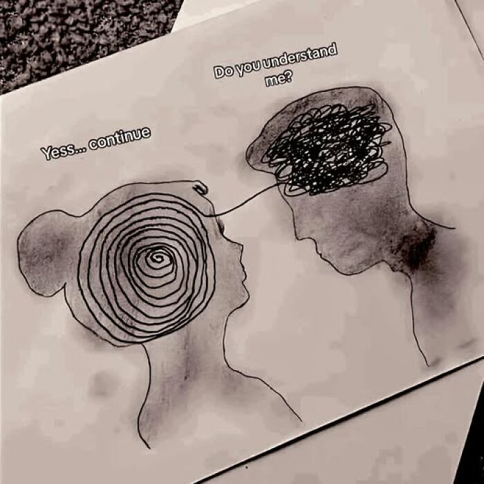 Sketch of two people connecting through tangled lines, illustrating a mental health meme.