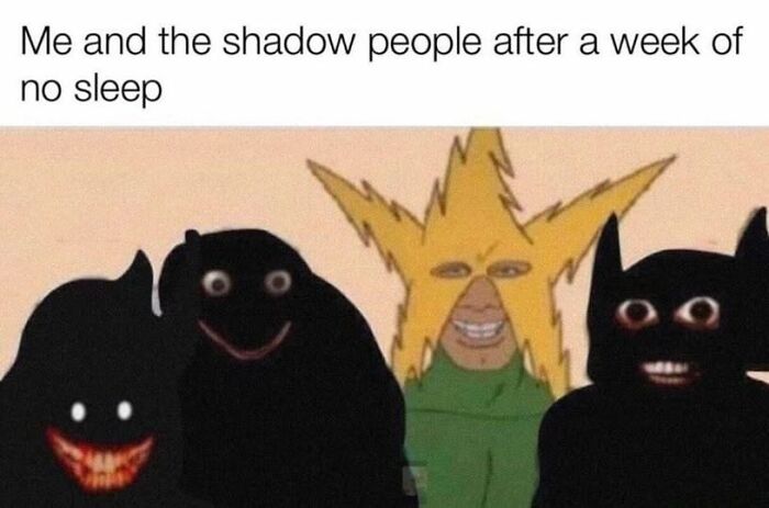A cartoon character with glowing eyes and smile stands with shadowy figures, humorously highlighting mental health themes.