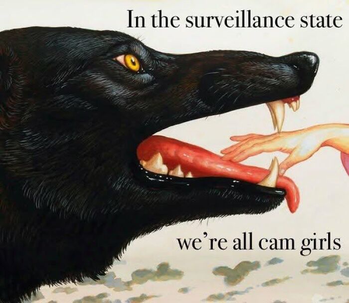 A hand holds a wolf's tooth with text on surveillance, illustrating a mental health meme.