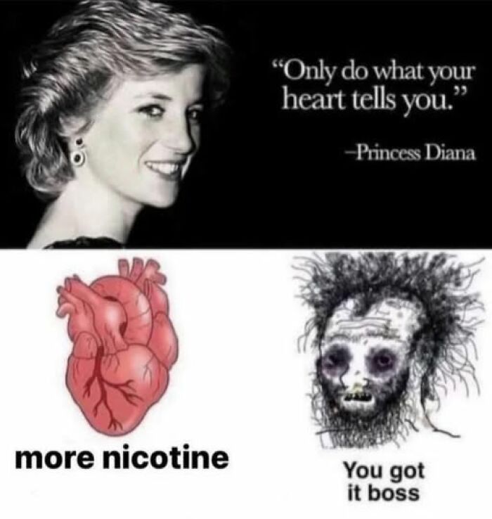 Princess Diana quote with a heart and stressed figure, humorous take on mental health.