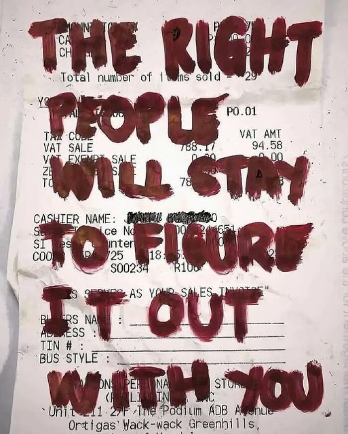 Handwritten text on a receipt saying "The right people will stay to figure it out with you," referencing mental health.