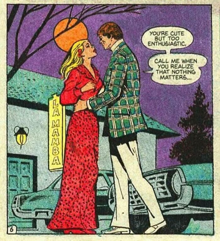 Comic couple discussing life’s meaning with humor, fitting the mood of mental health memes.